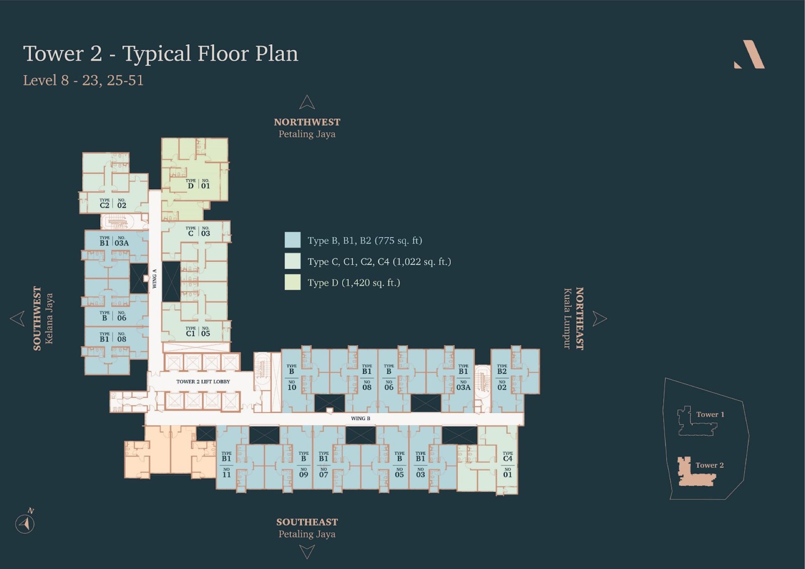 The Atera Tower 2 typical floor plan, Levels 8-23 and 25-51