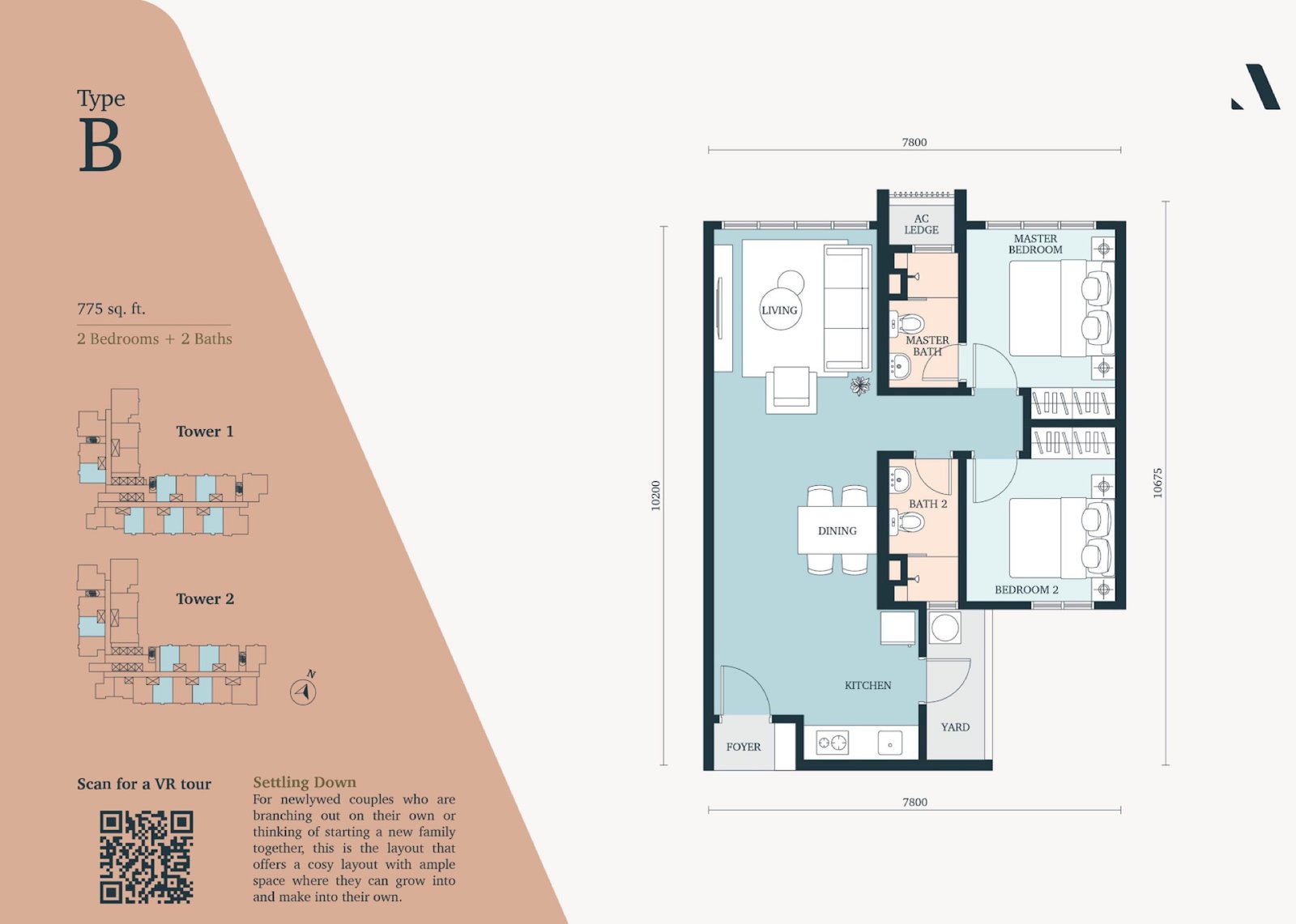 The Atera Type B floor plan, 2 bedroom, 775 sq ft