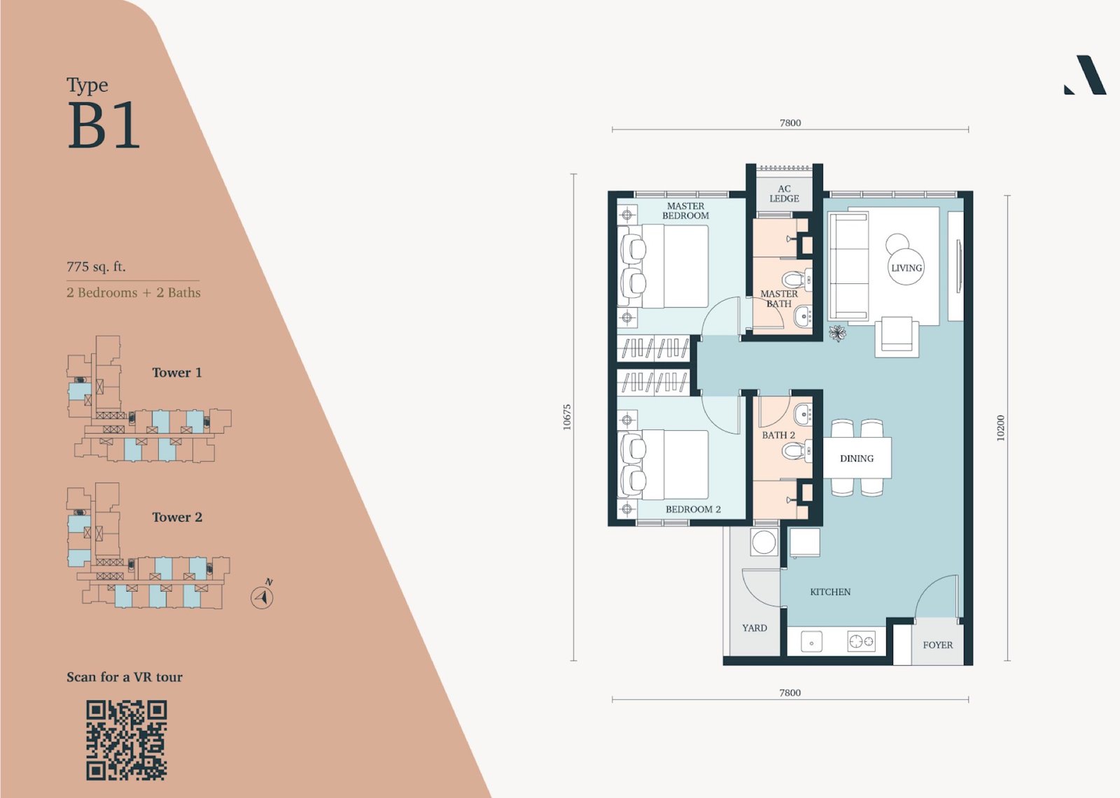 The Atera Type B1 floor plan, 2 bedroom, 775 sq ft