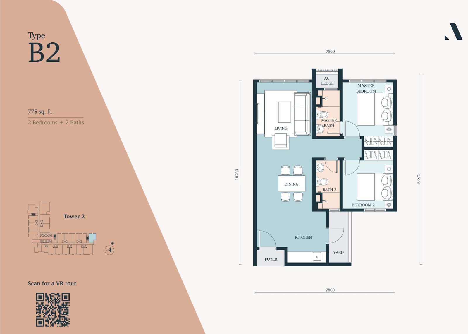 The Atera Type B2 floor plan, 2 bedroom, 775 sq ft