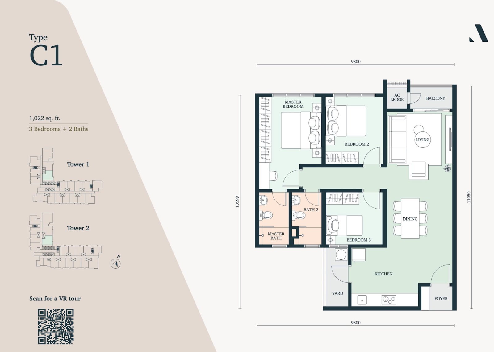 The Atera Type C1 floor plan, 3 bedroom, 1,022 sq ft