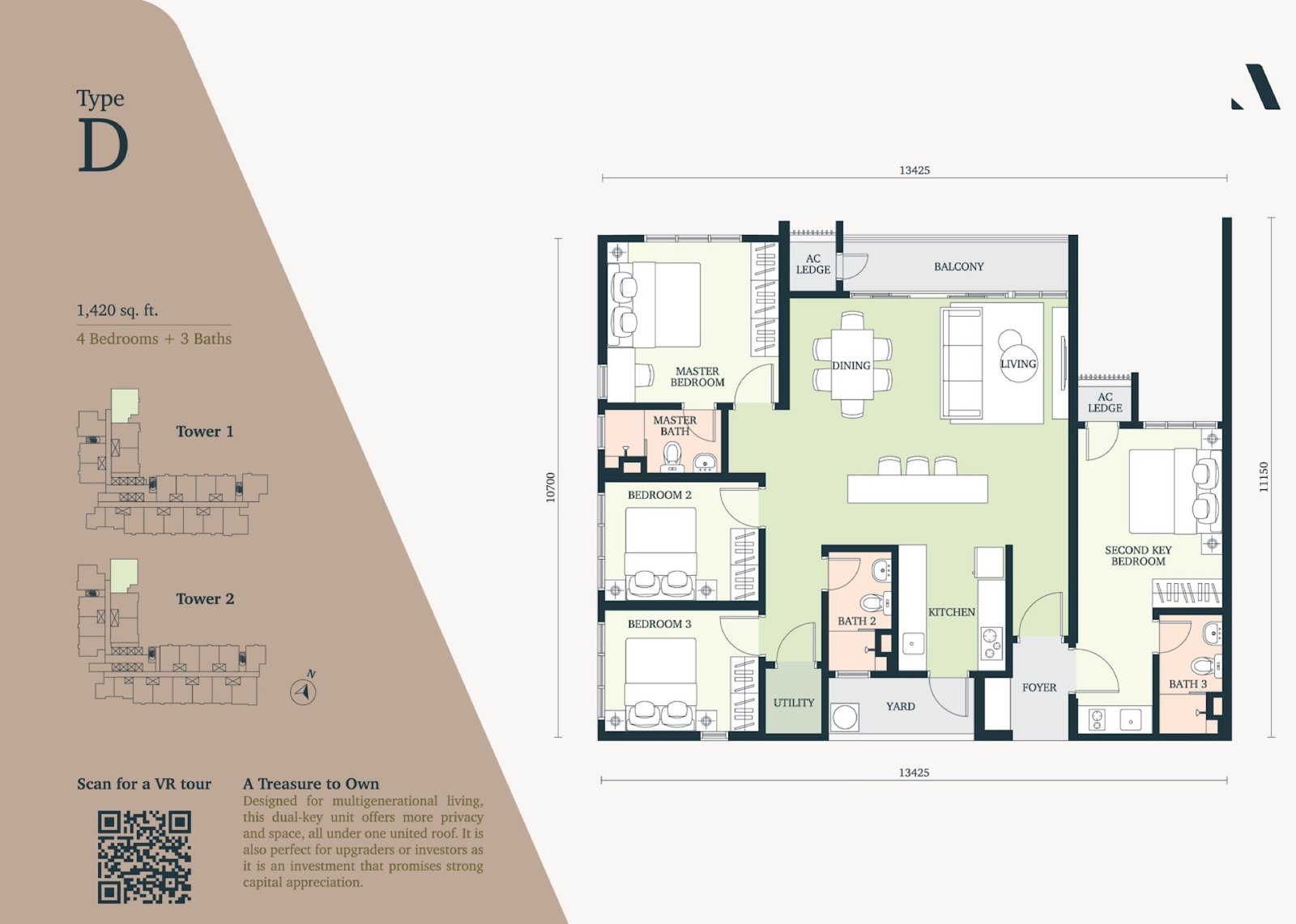 The Atera Type D floor plan, 4 bedroom dual key, 1,420 sq ft
