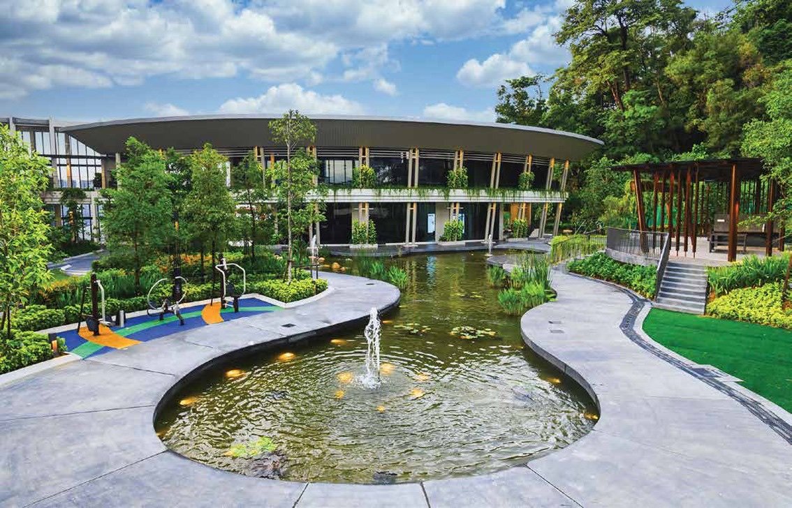 The Goodwood Residence garden pond, outdoor fitness corner and clubhouse