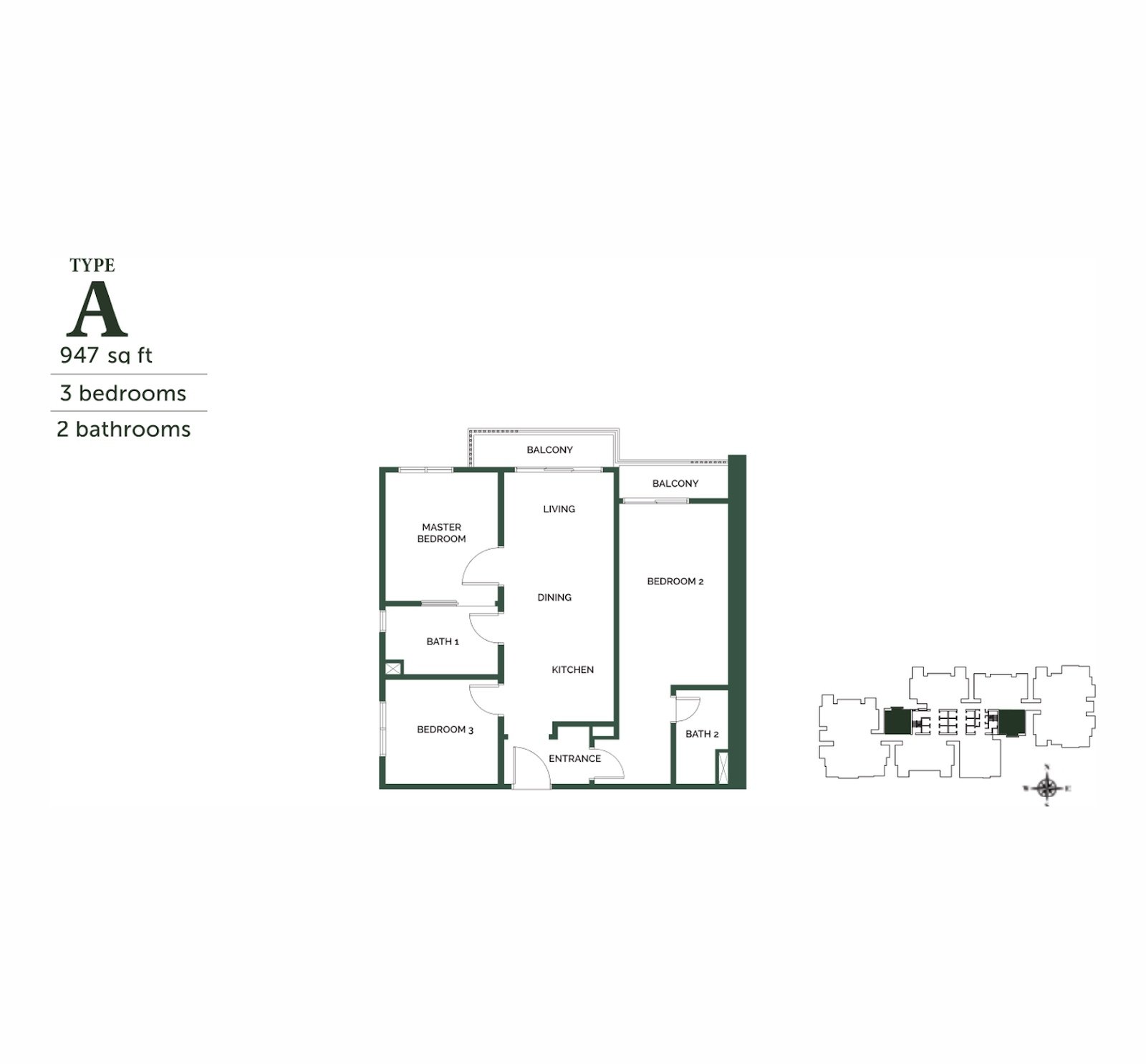 The Goodwood Residence Type A floor plan, 3 bedrooms, 947 sq ft