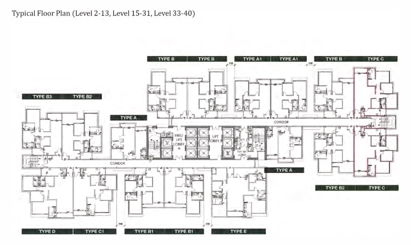 The Goodwood Residence typical floor plan, Levels 2 to 40, showing all unit types
