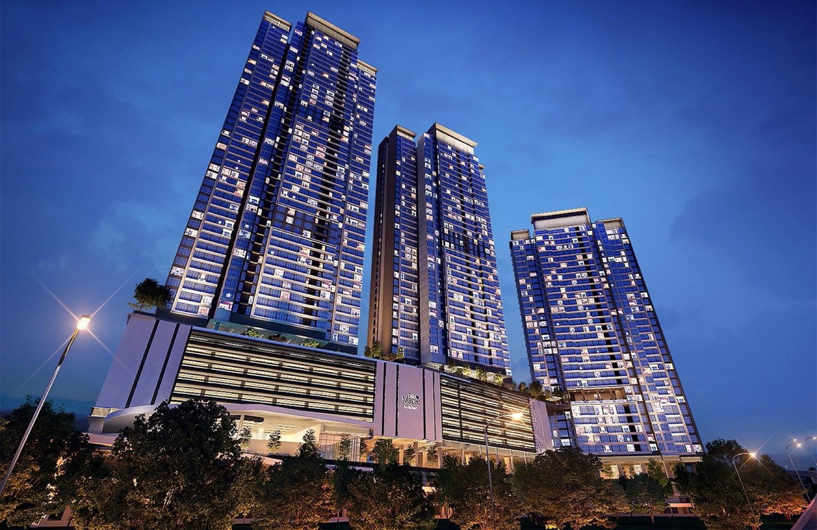 The Maple Residences, W City OUG: artist's impression of the three towers at night