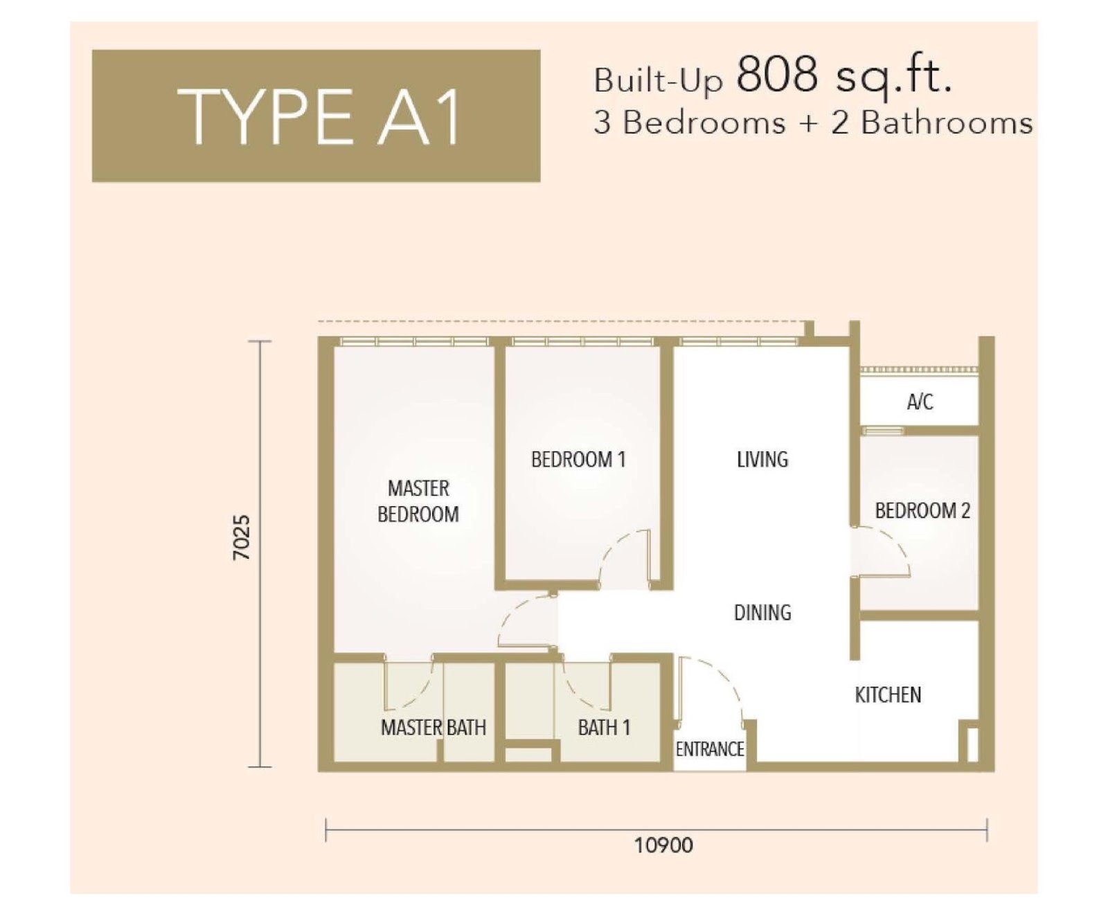 The Maple Residences Type A1 floor plan, 3 bedroom, 808 sq ft