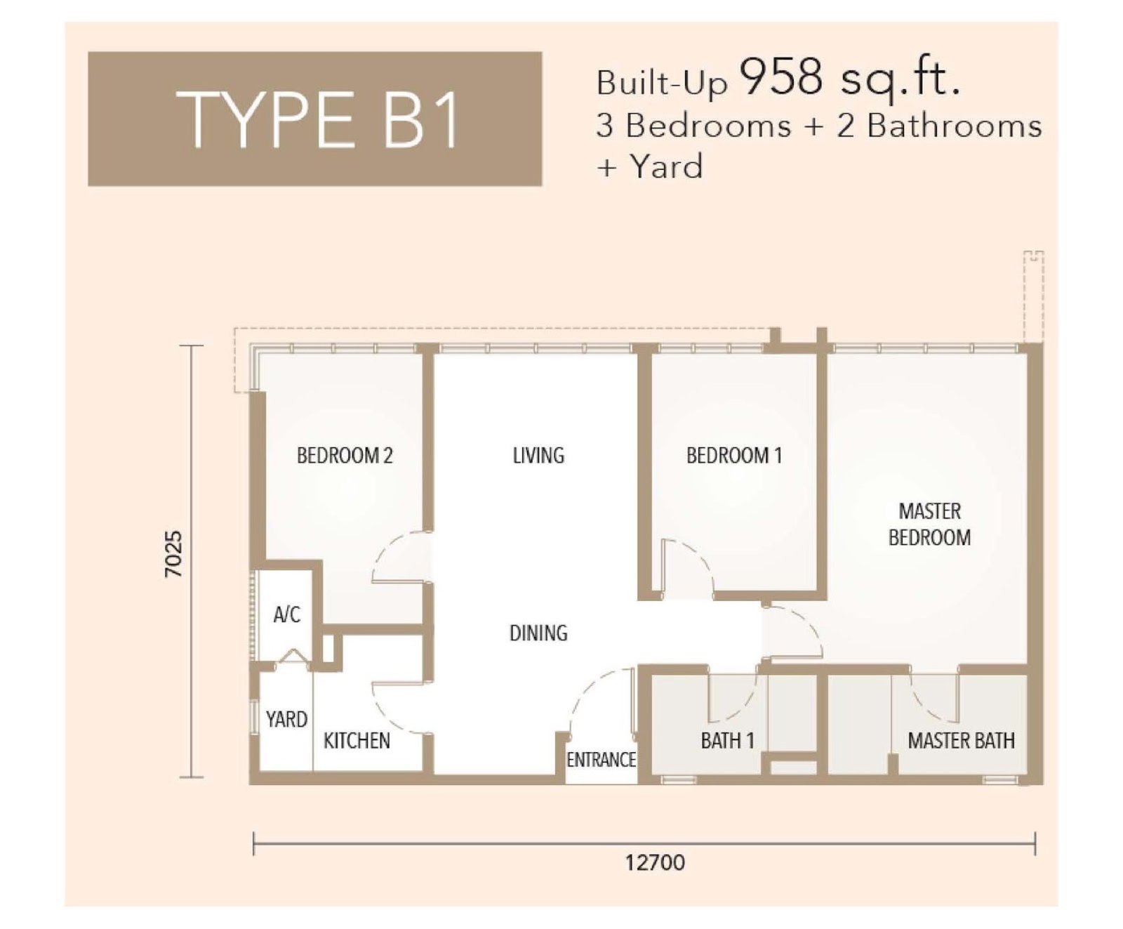 The Maple Residences Type B1 floor plan, 3 bedroom with yard, 958 sq ft