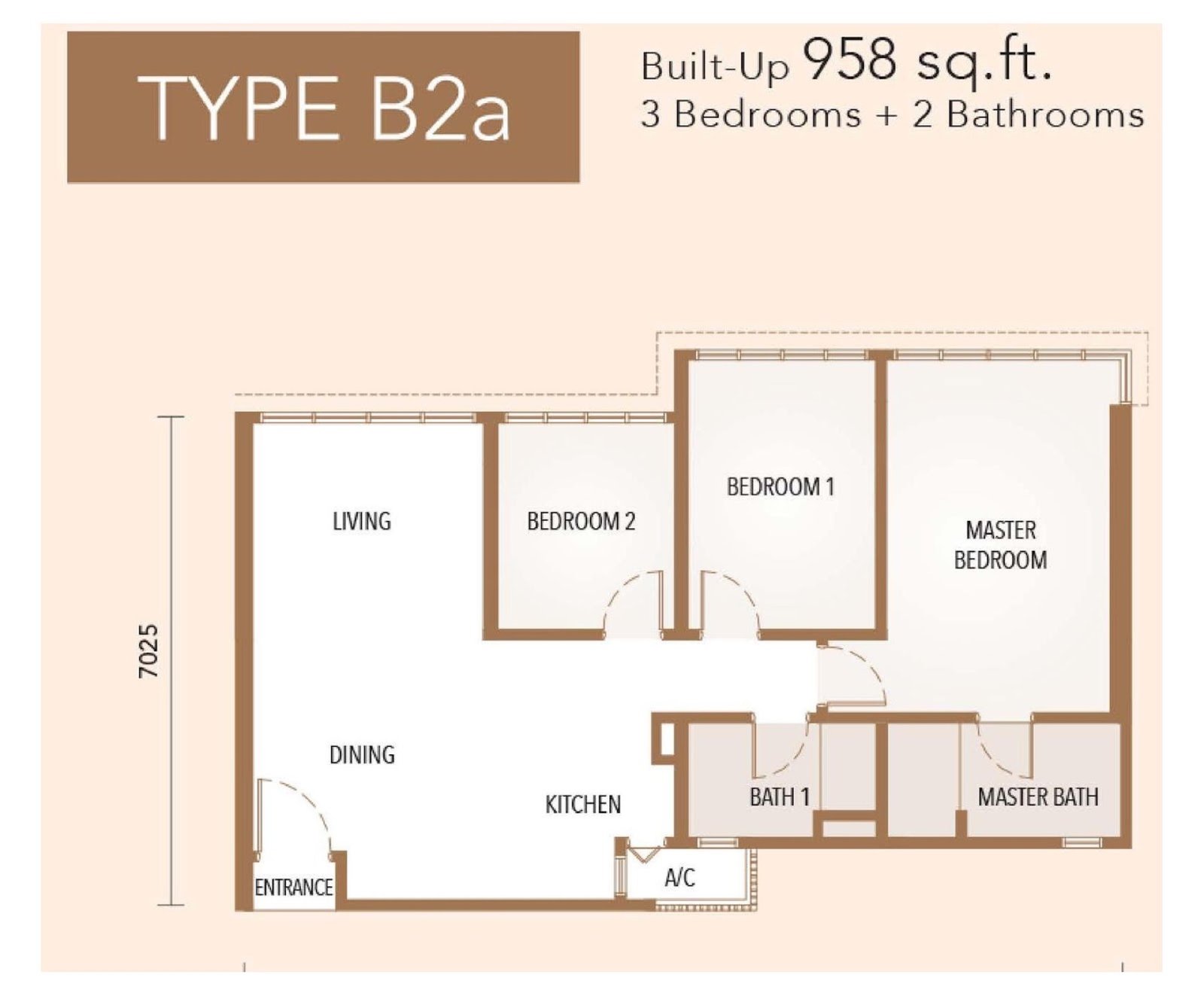 The Maple Residences Type B2a floor plan, 3 bedroom, 958 sq ft