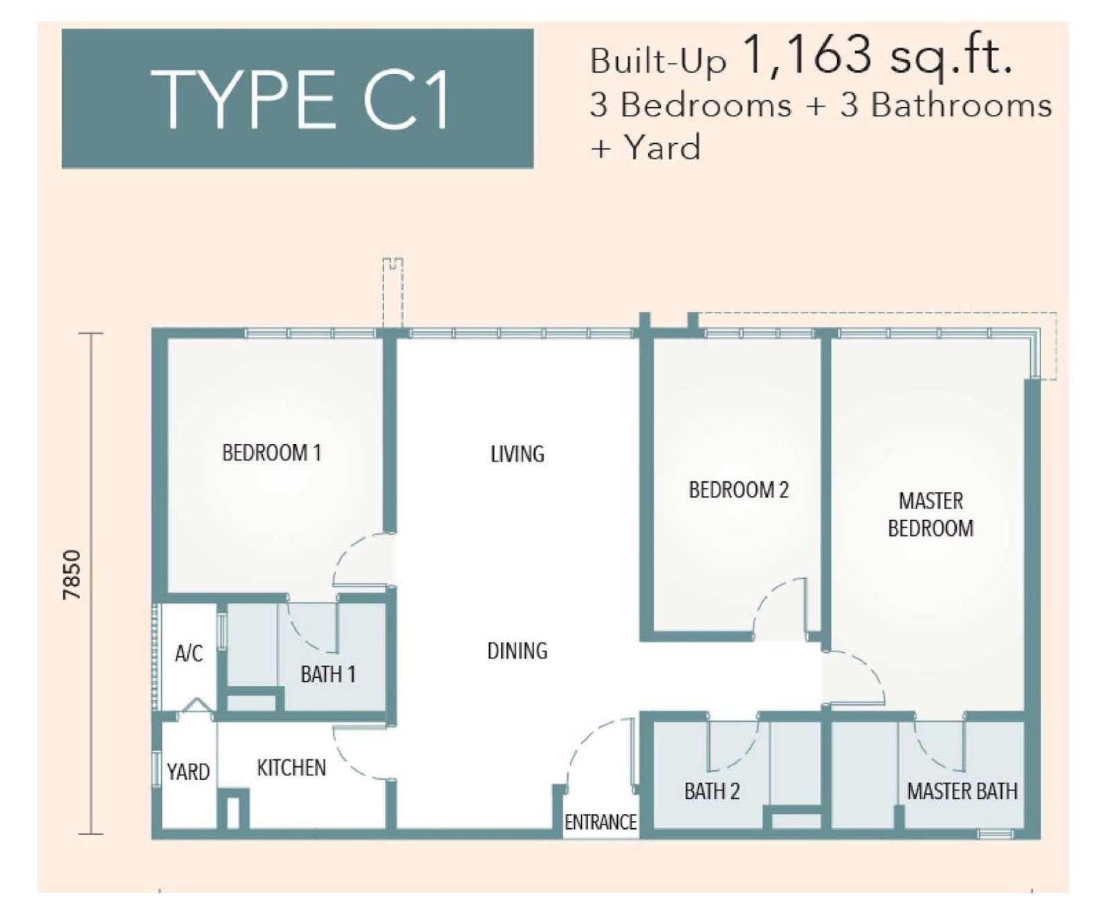 The Maple Residences Type C1 floor plan, 3 bedroom 3 bathroom, 1,163 sq ft