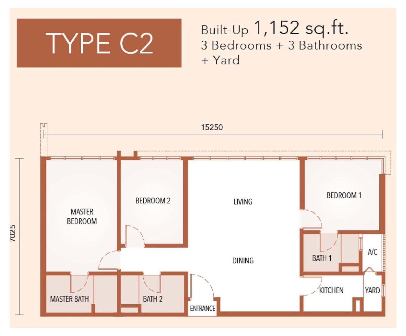 The Maple Residences Type C2 floor plan, 3 bedroom 3 bathroom, 1,152 sq ft
