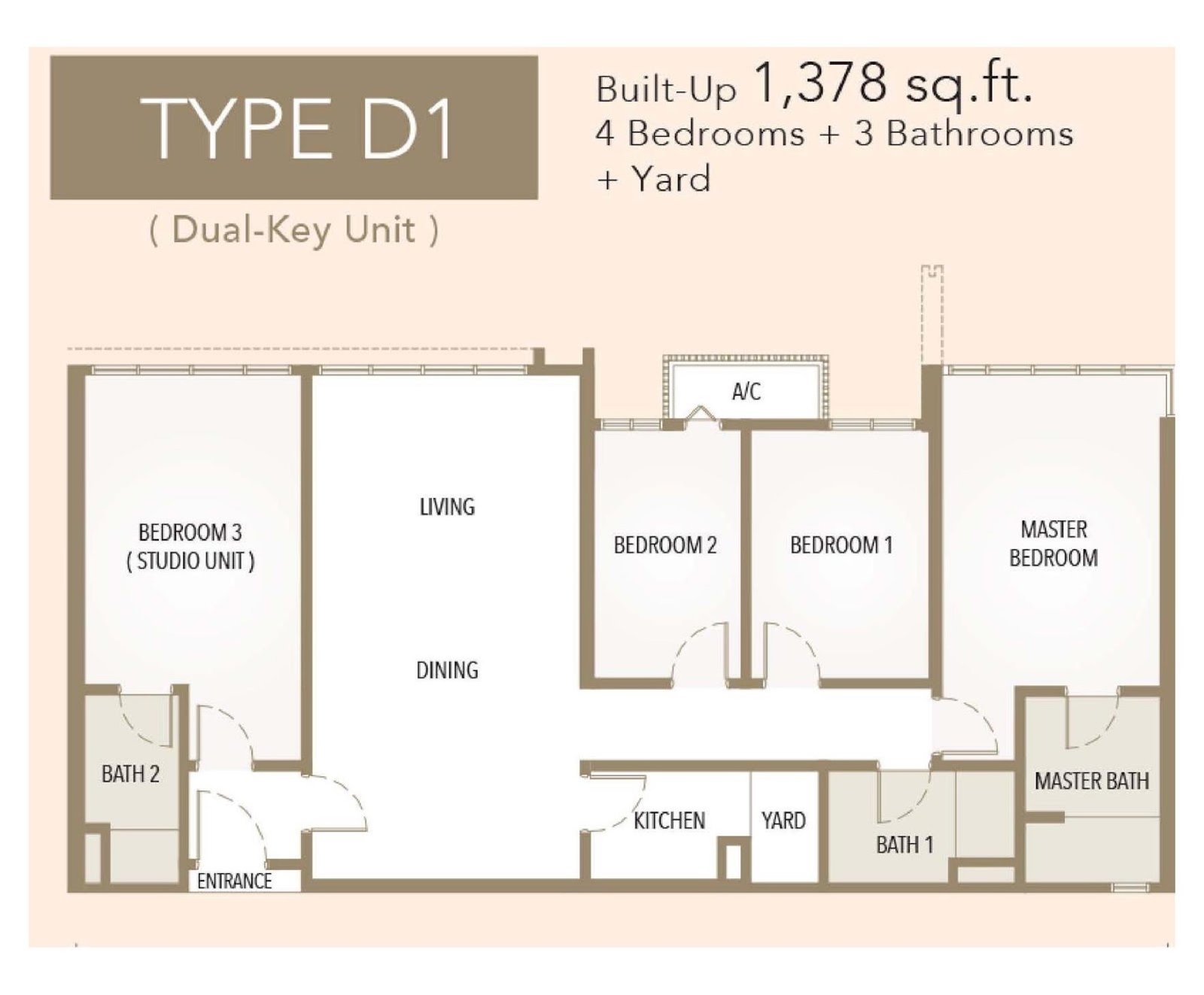 The Maple Residences Type D1 floor plan, dual key, 4 bedroom, 1,378 sq ft