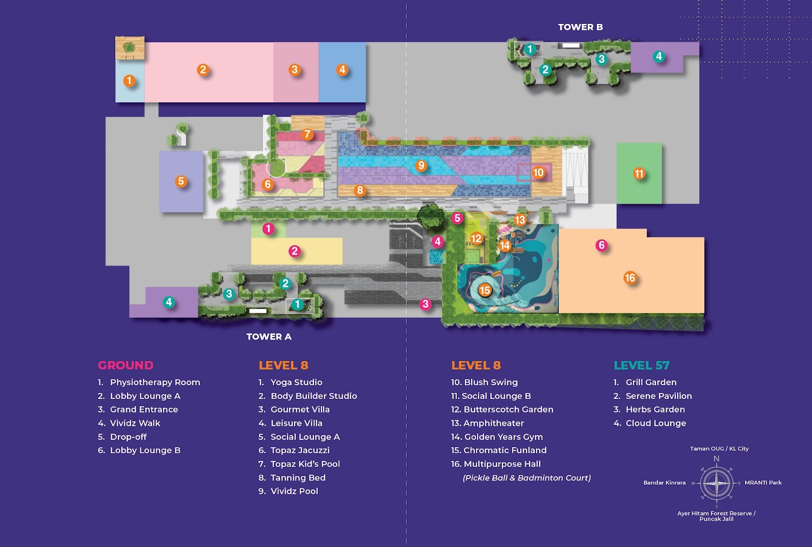 The Vividz facilities plan for Ground, Level 8 and Level 57