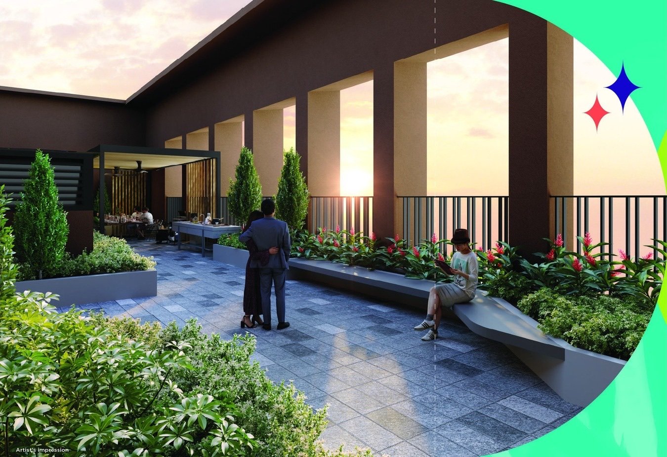 The Vividz rooftop garden at sunset: artist's impression