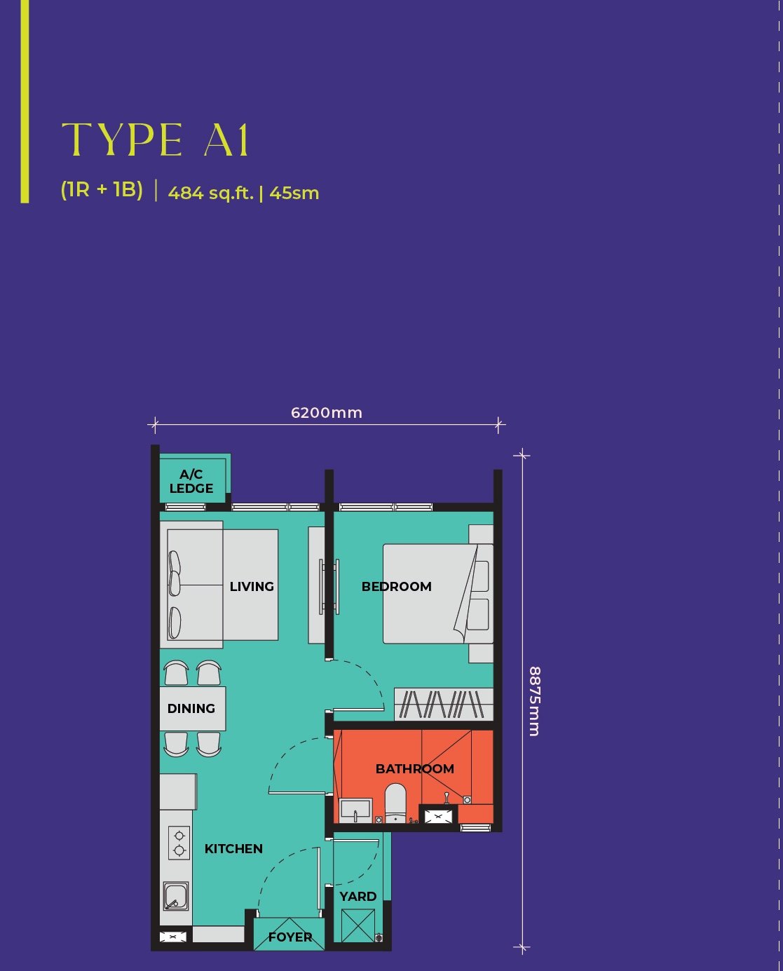 The Vividz Type A1 floor plan, 1 bedroom, 484 sq ft