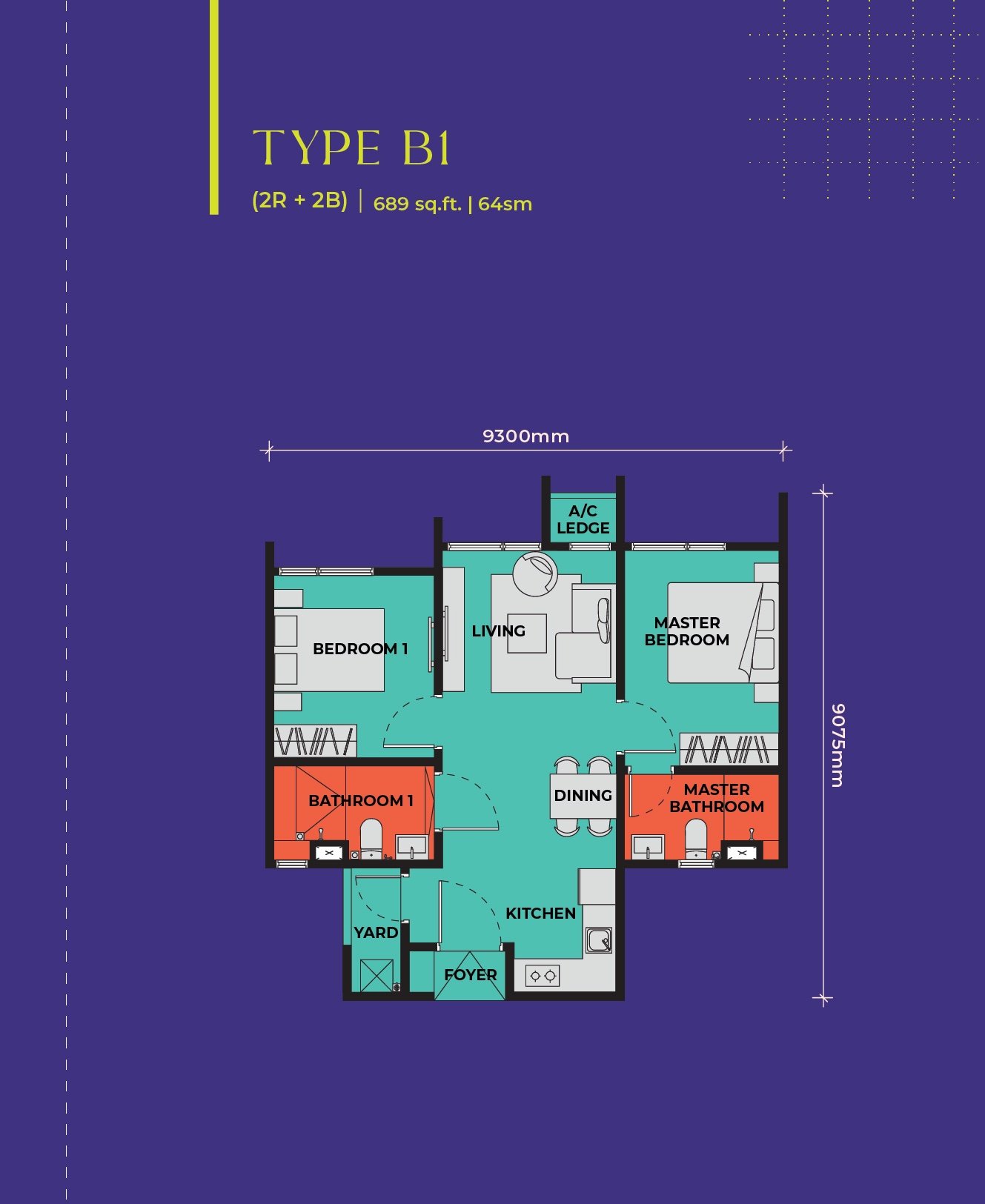 The Vividz Type B1 floor plan, 2 bedroom, 689 sq ft