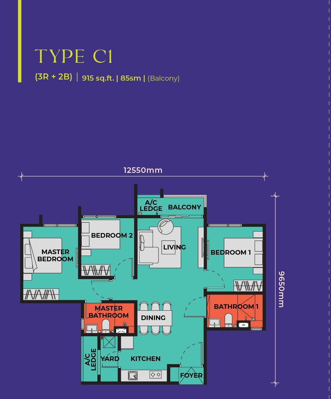 The Vividz Type C1 floor plan, 3 bedroom with balcony, 915 sq ft