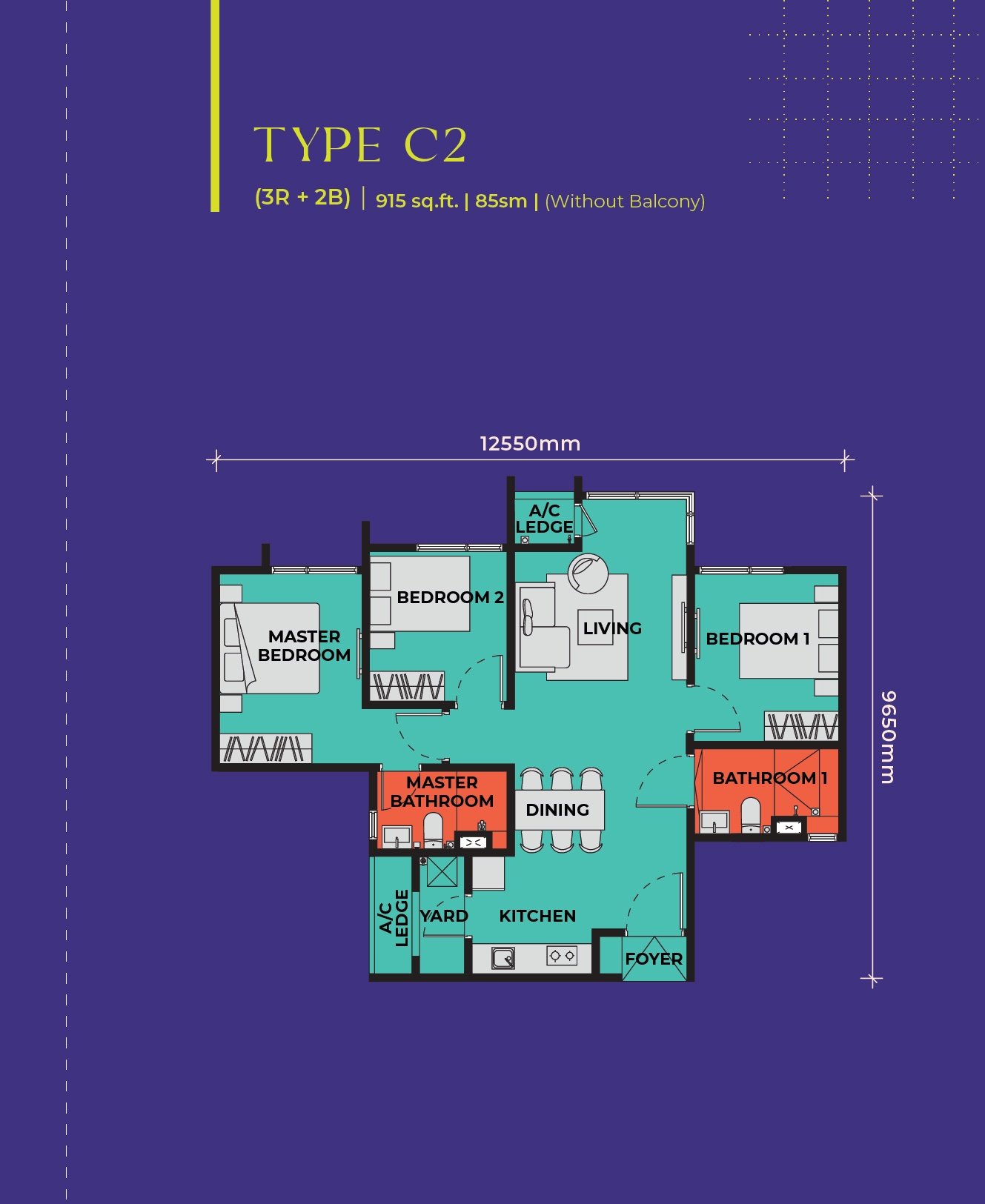 The Vividz Type C2 floor plan, 3 bedroom without balcony, 915 sq ft