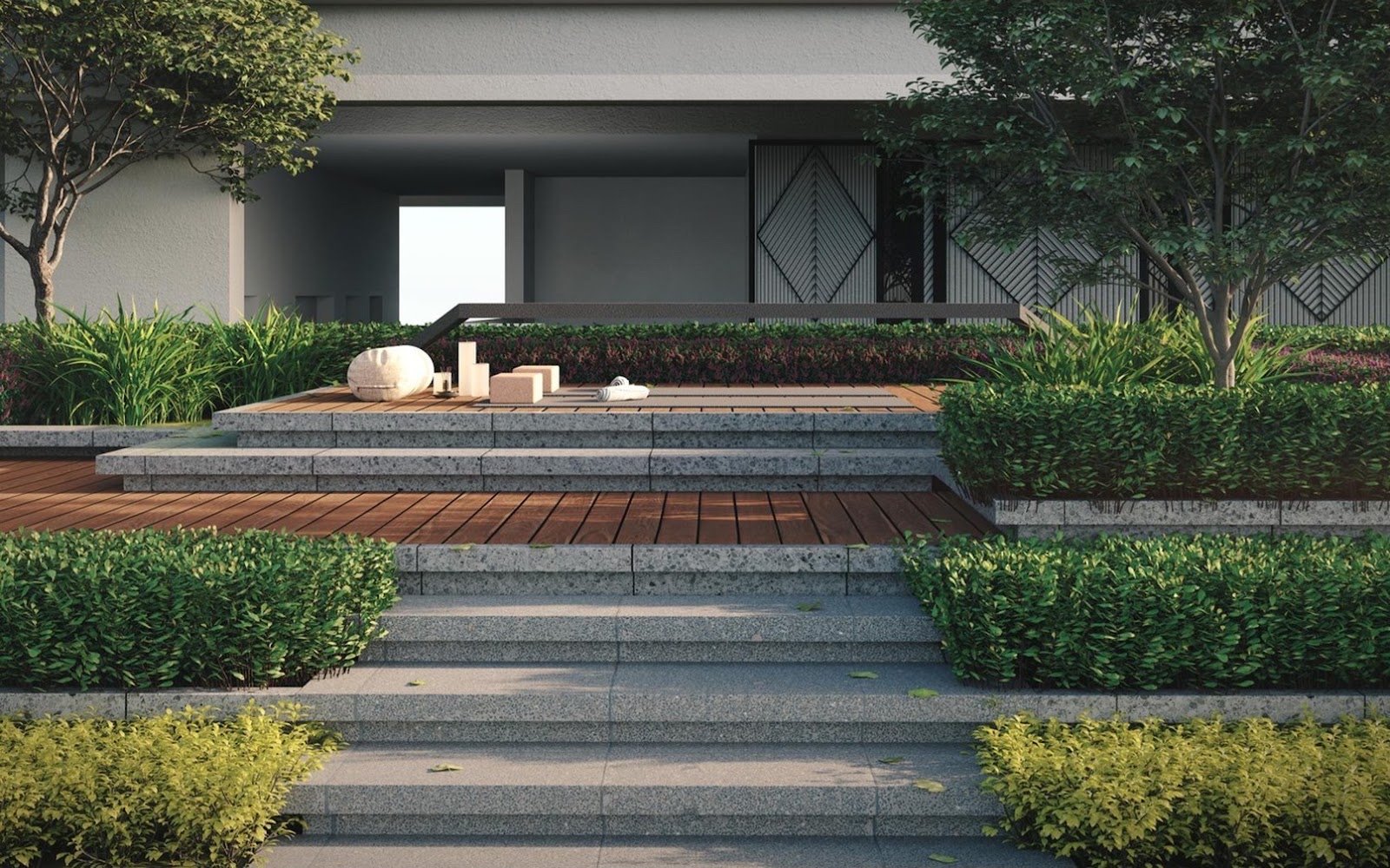 Times Square 2 landscaped garden steps and timber deck: artist's impression
