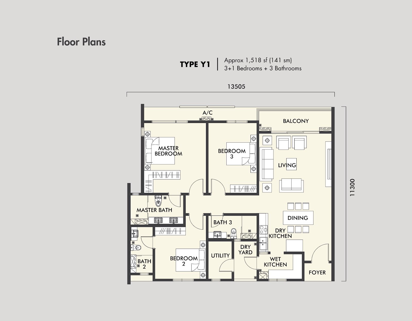 TRIA Seputeh Type Y1 floor plan, 3+1 bedroom, 1,518 sq ft