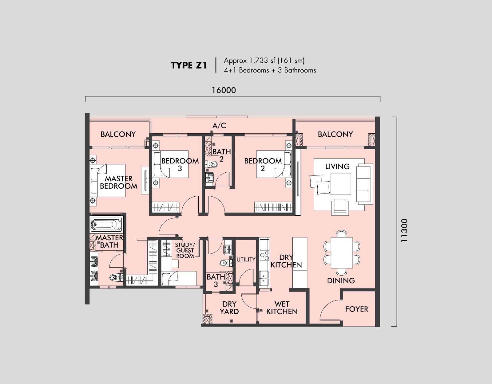 TRIA Seputeh Type Z1 floor plan, 4+1 bedroom, 1,733 sq ft
