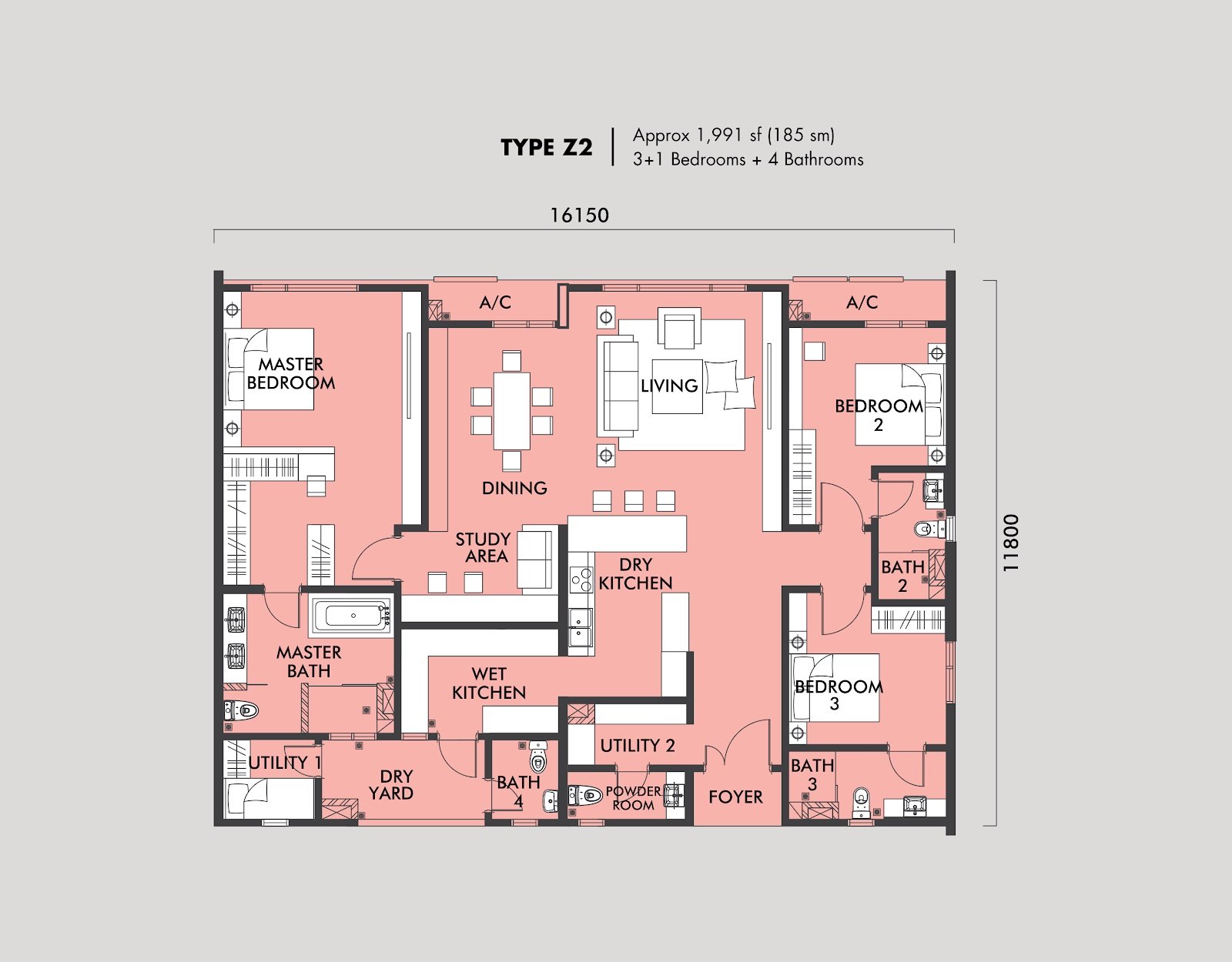TRIA Seputeh Type Z2 floor plan, 3+1 bedroom, 1,991 sq ft