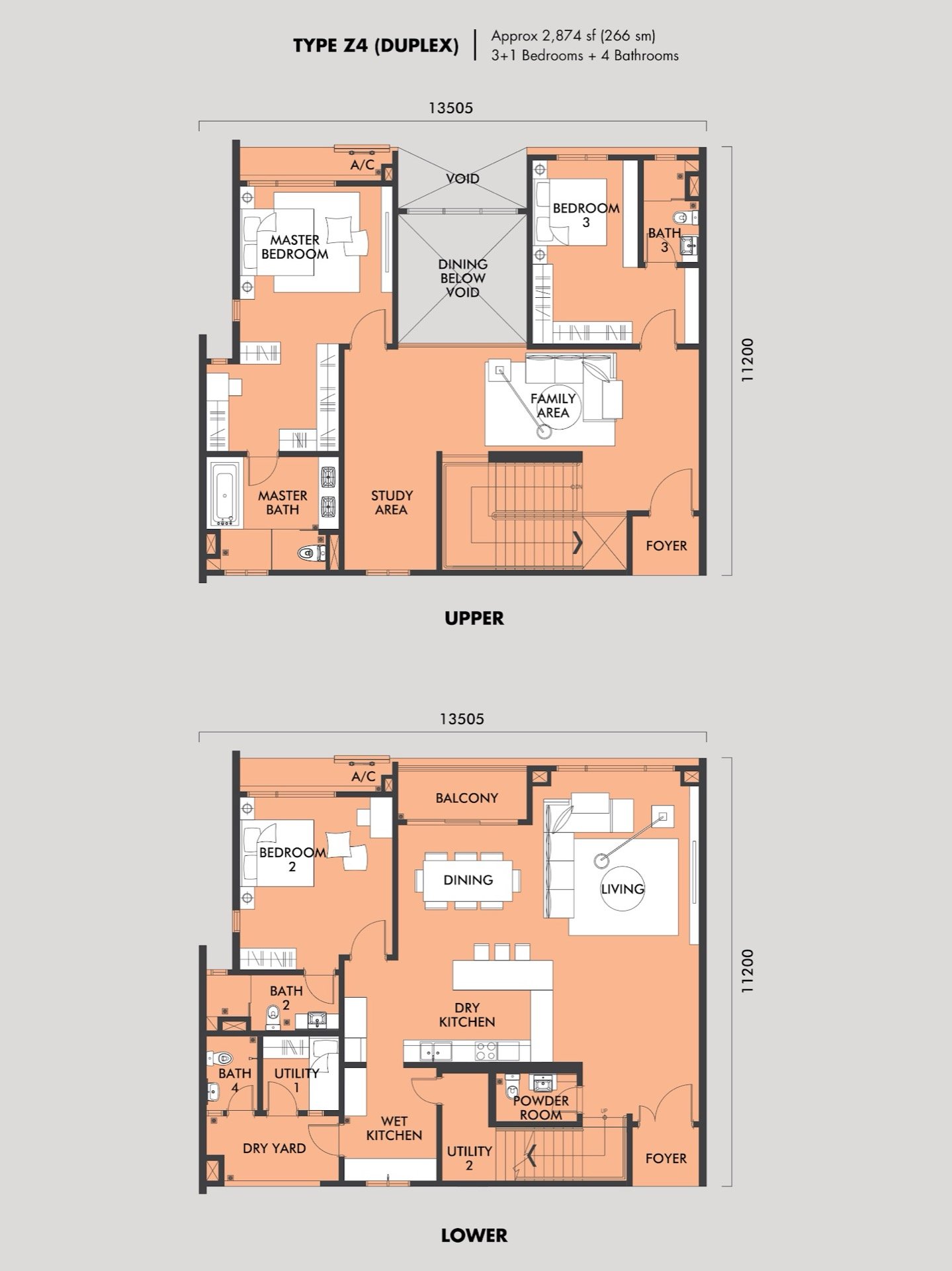 TRIA Seputeh Type Z4 duplex floor plan, upper and lower levels, 2,874 sq ft