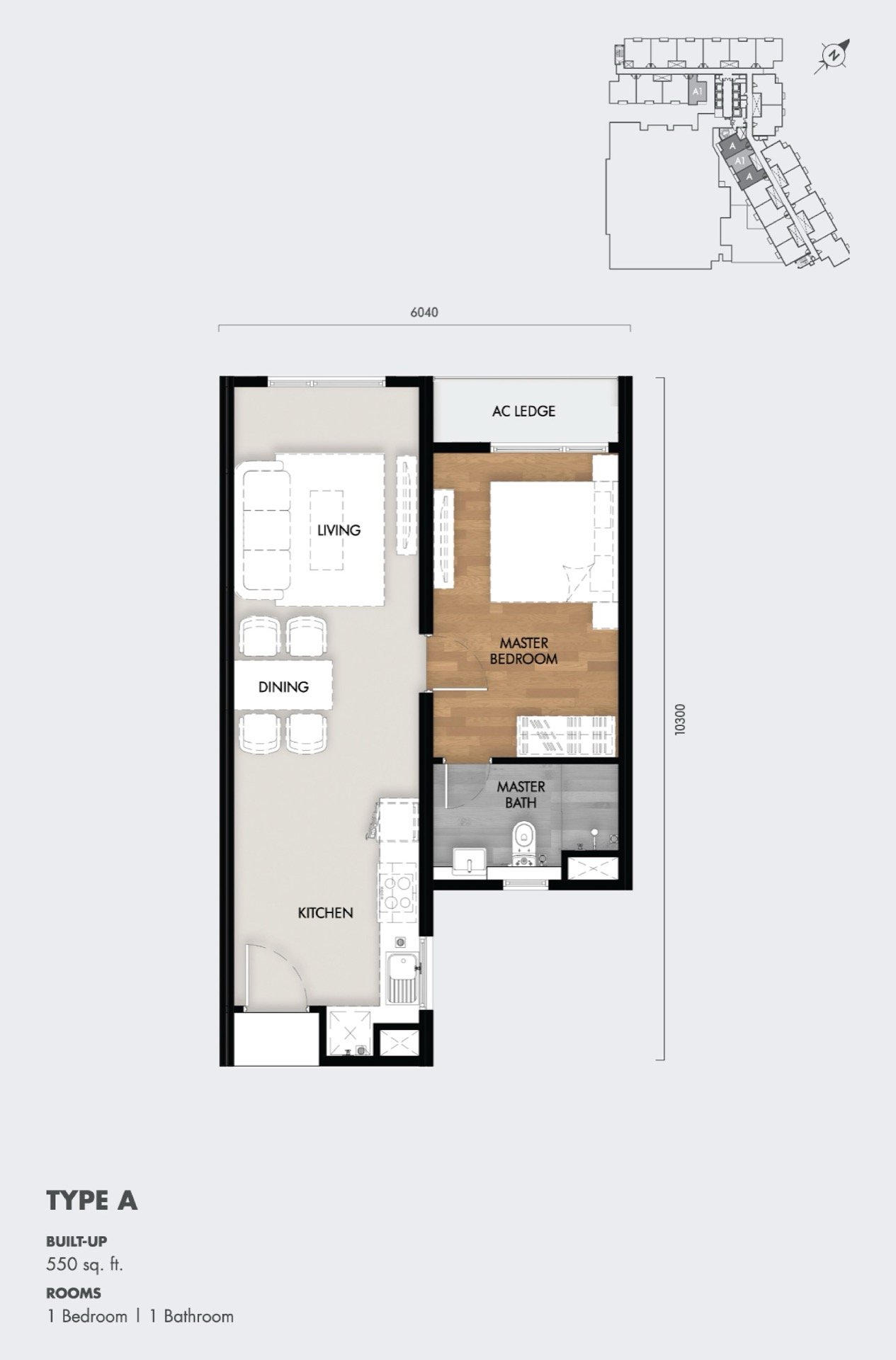 Tujuh Residences Type A floor plan, 1 bedroom, 550 sq ft