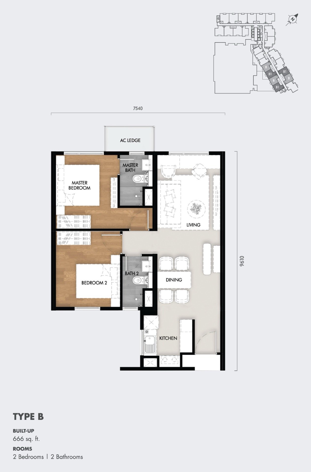 Tujuh Residences Type B floor plan, 2 bedroom, 666 sq ft