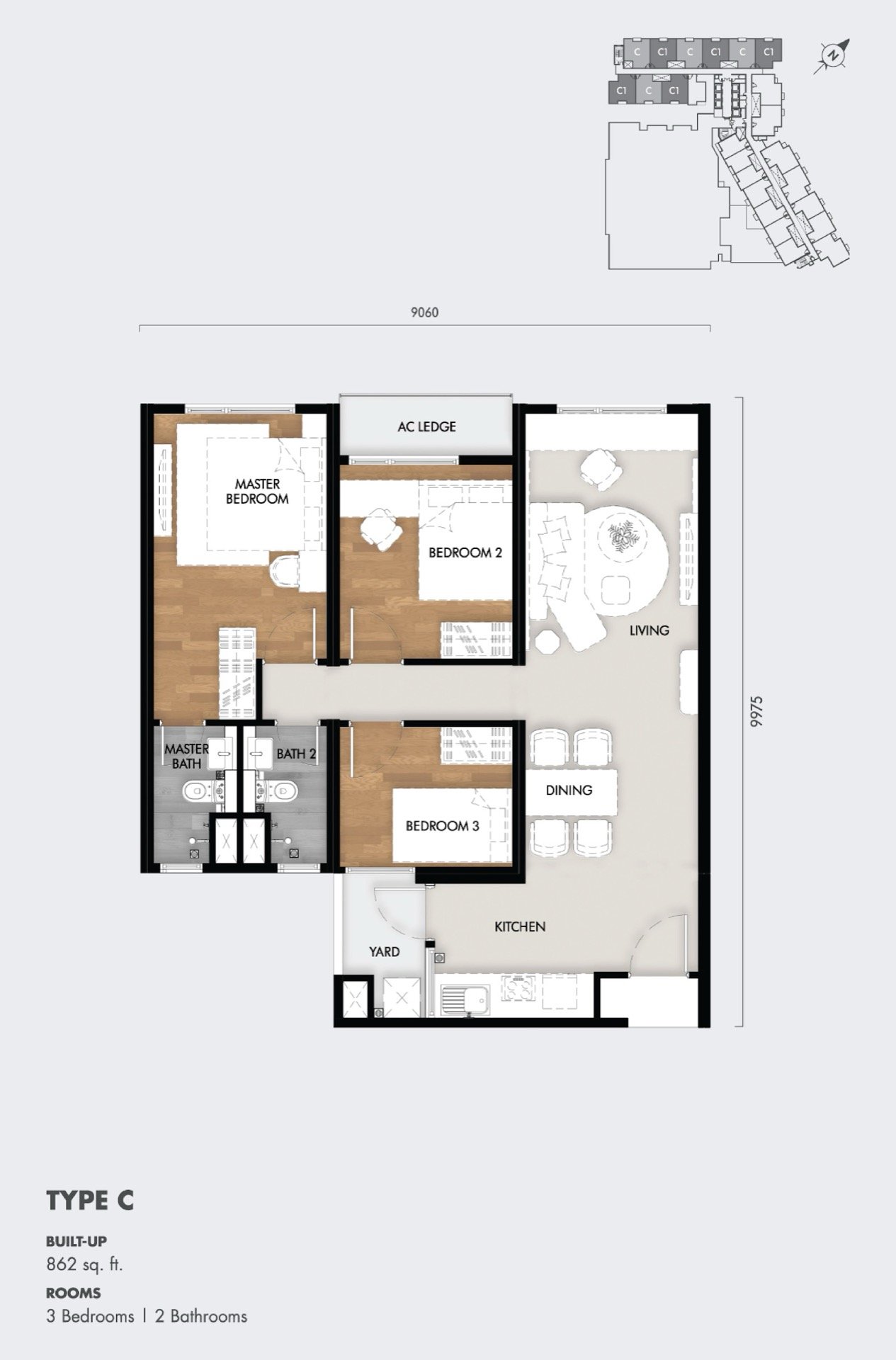 Tujuh Residences Type C floor plan, 3 bedroom, 862 sq ft
