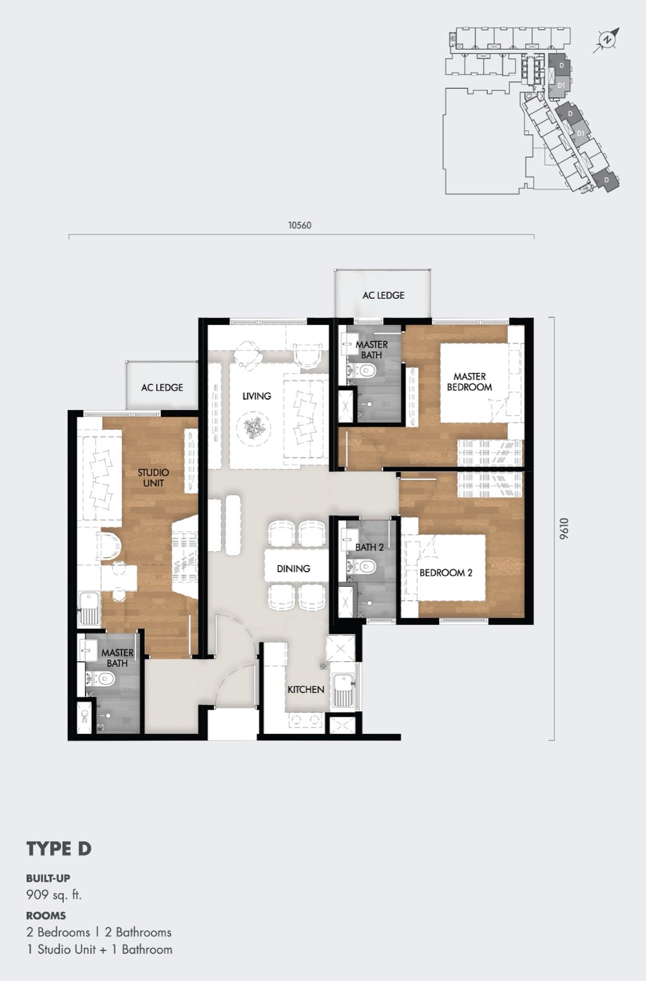 Tujuh Residences Type D floor plan, dual key, 909 sq ft