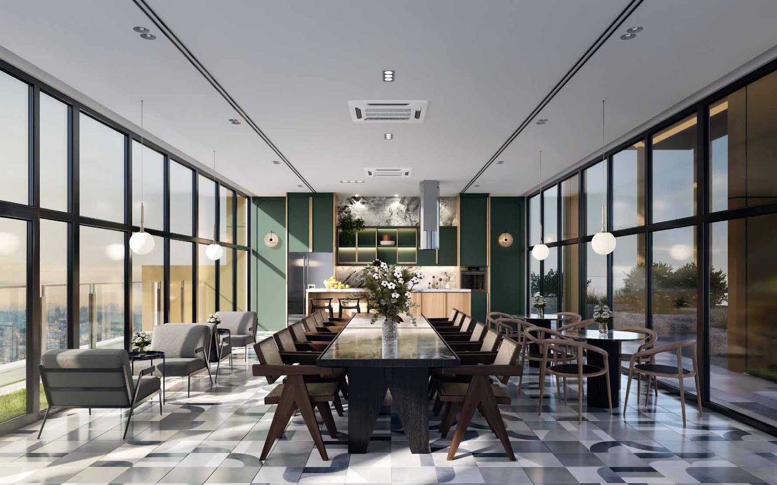 Vox Residence dining lounge with long table: artist's impression