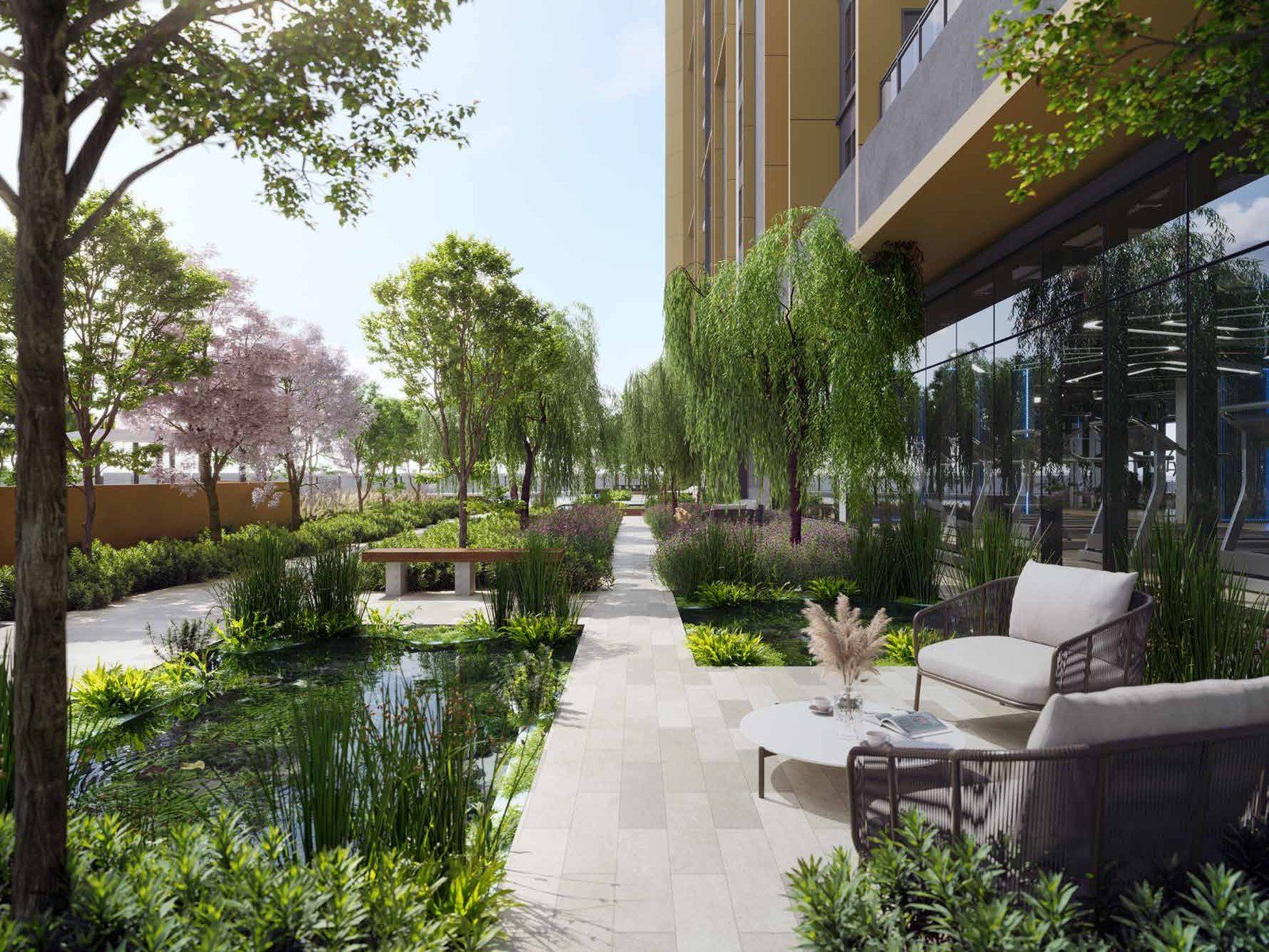 Vox Residence garden walk with outdoor seating: artist's impression