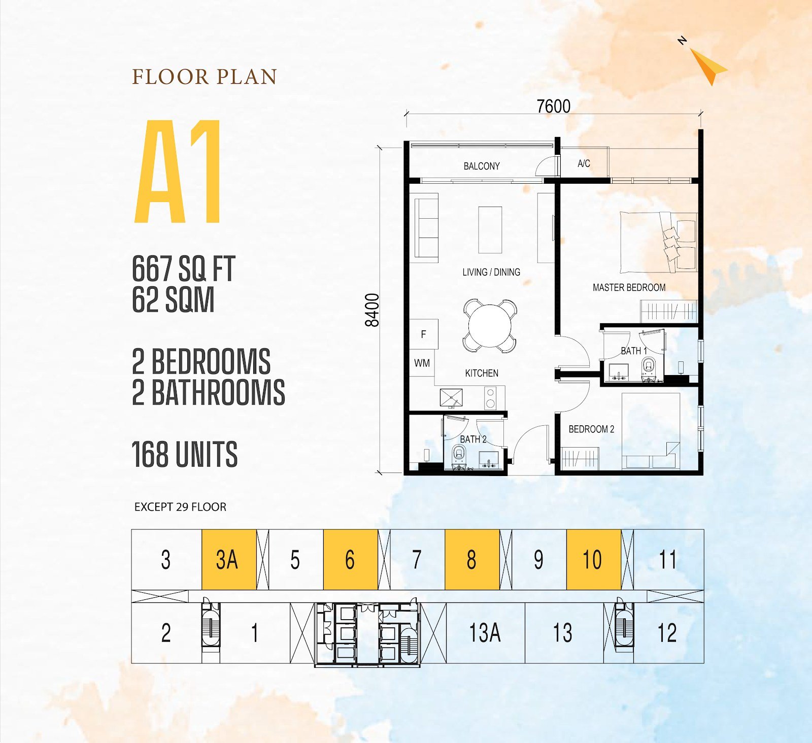 Vox Residence Type A1 floor plan, 2 bedrooms, 667 sq ft