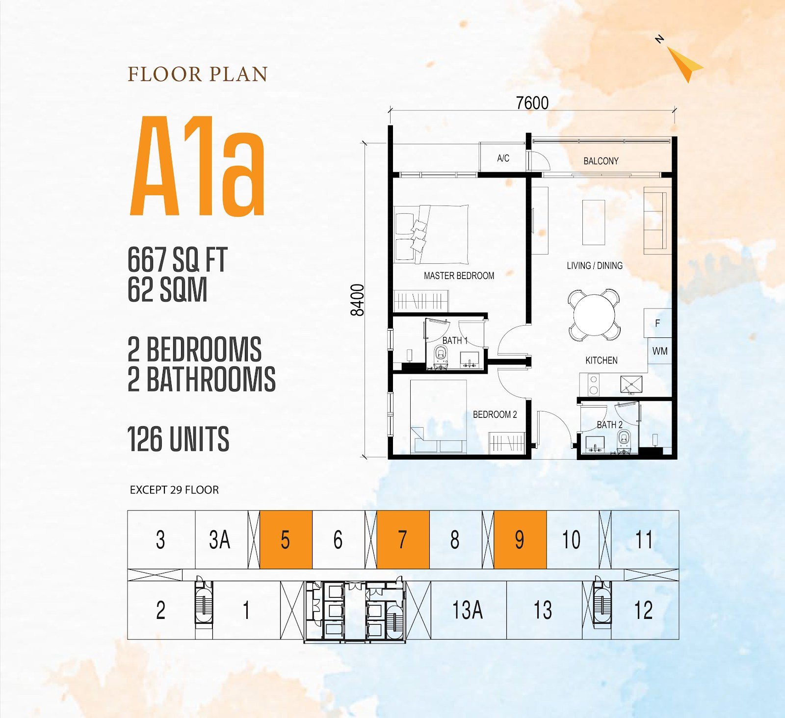 Vox Residence Type A1a floor plan, 2 bedrooms, 667 sq ft