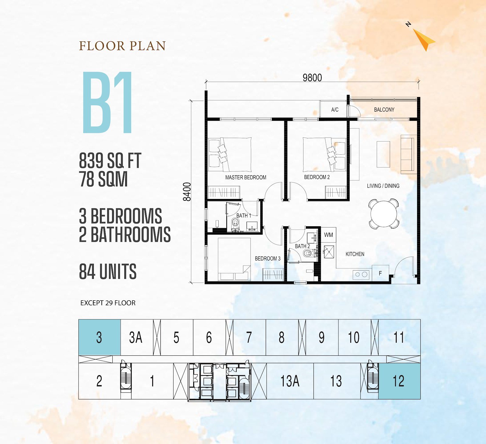 Vox Residence Type B1 floor plan, 3 bedrooms, 839 sq ft