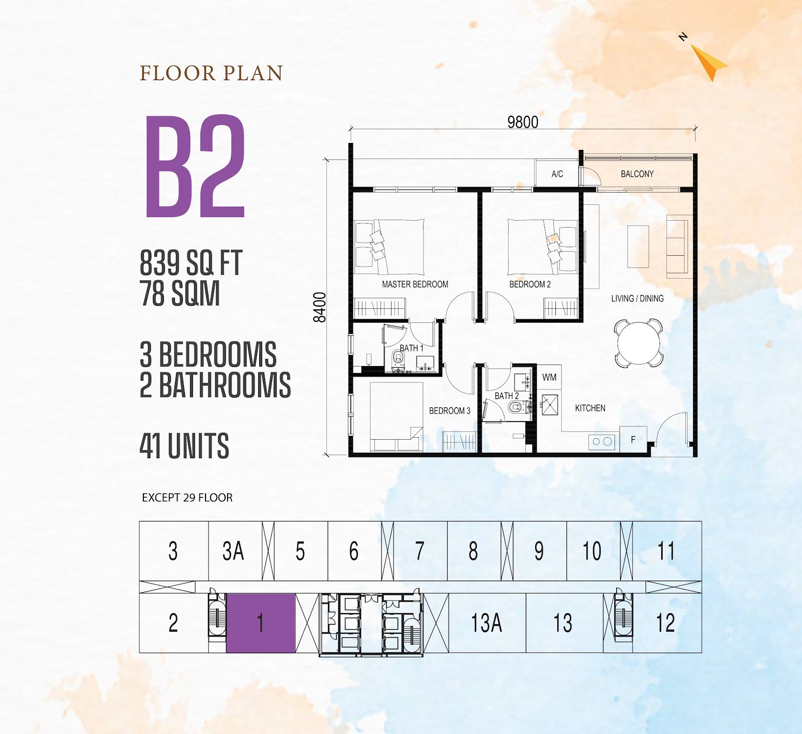 Vox Residence Type B2 floor plan, 3 bedrooms, 839 sq ft