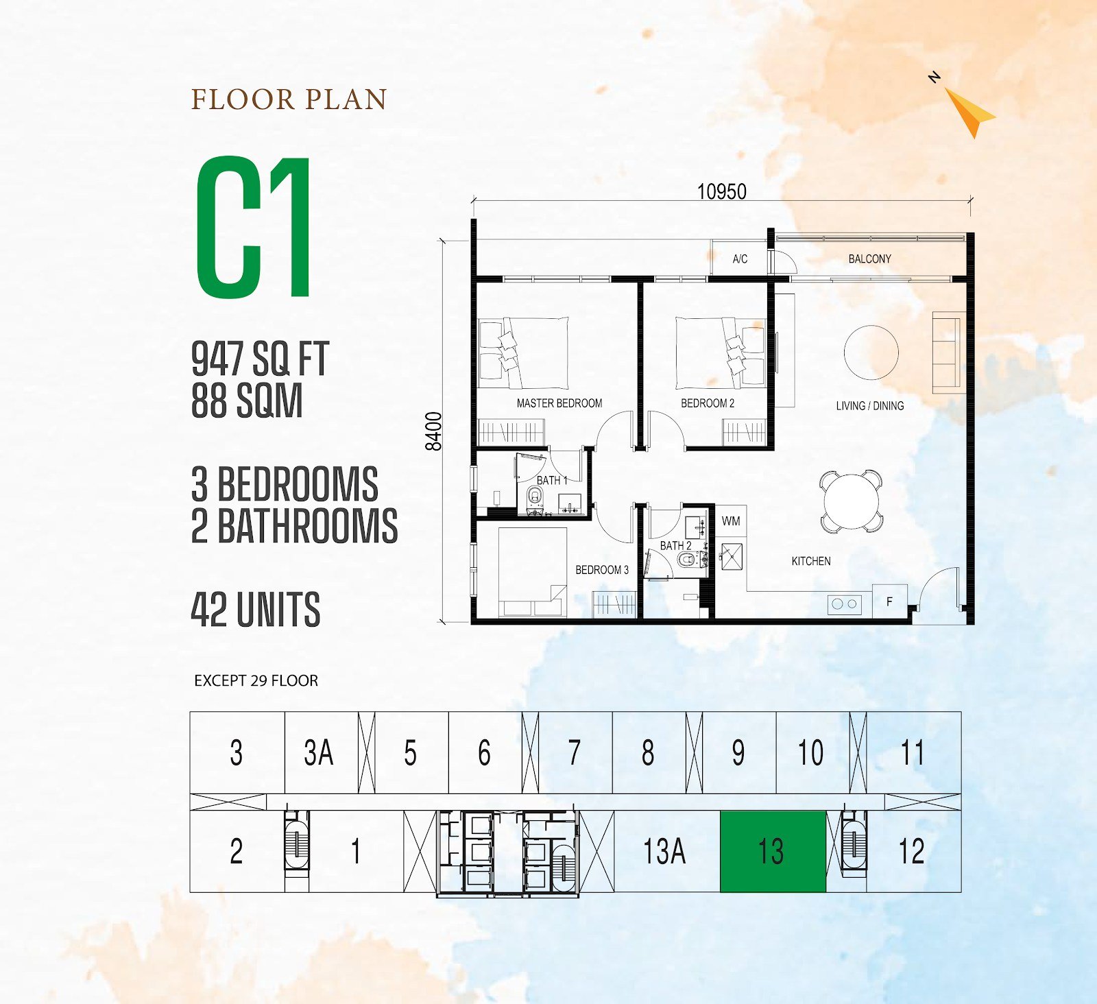 Vox Residence Type C1 floor plan, 3 bedrooms, 947 sq ft