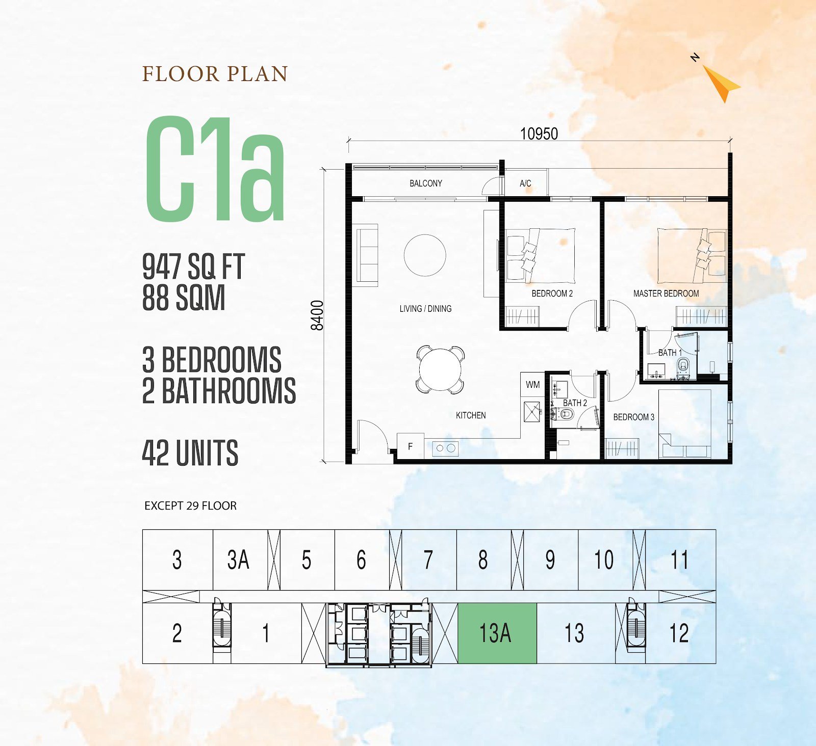 Vox Residence Type C1a floor plan, 3 bedrooms, 947 sq ft
