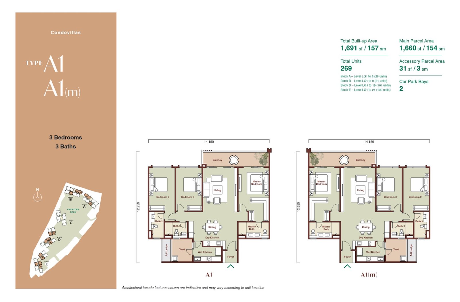 Zenia Condovilla Type A1 floor plan, 3 bedroom, 1,691 sq ft