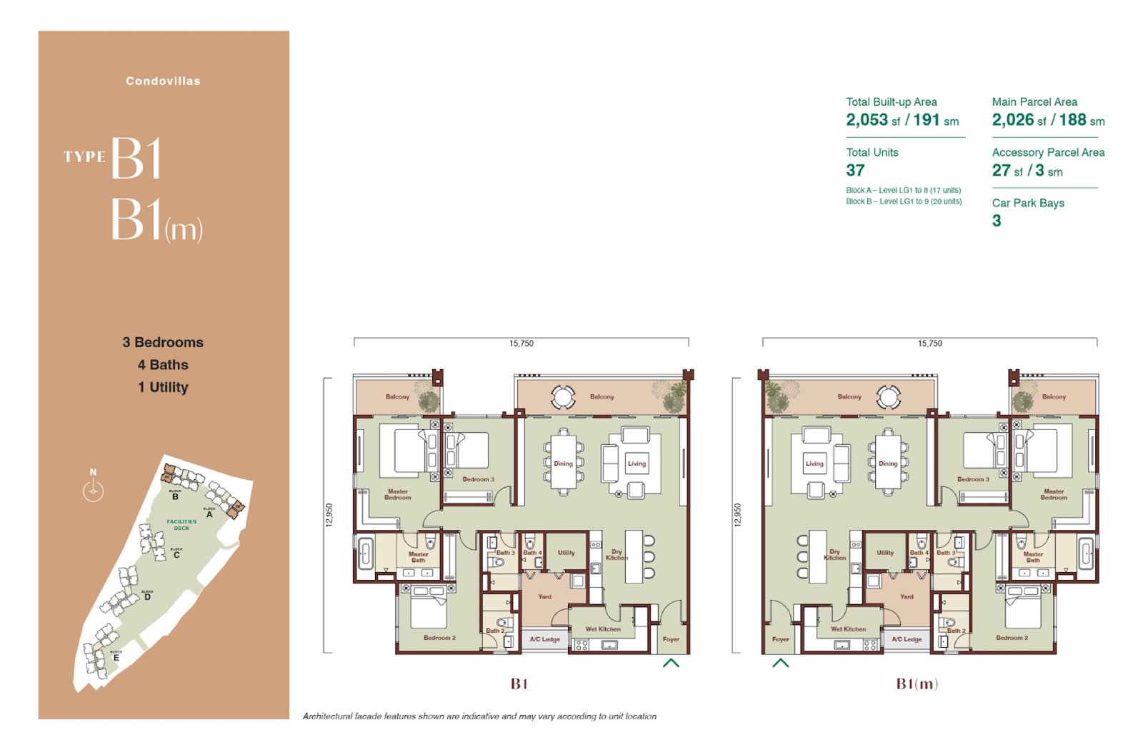 Zenia Condovilla Type B1 floor plan, 3 bedroom with utility, 2,053 sq ft