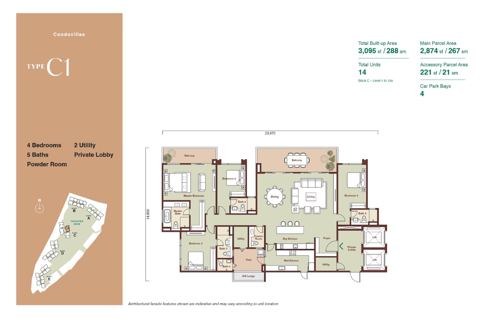 Zenia Condovilla Type C1 floor plan, 4 bedroom, 3,095 sq ft