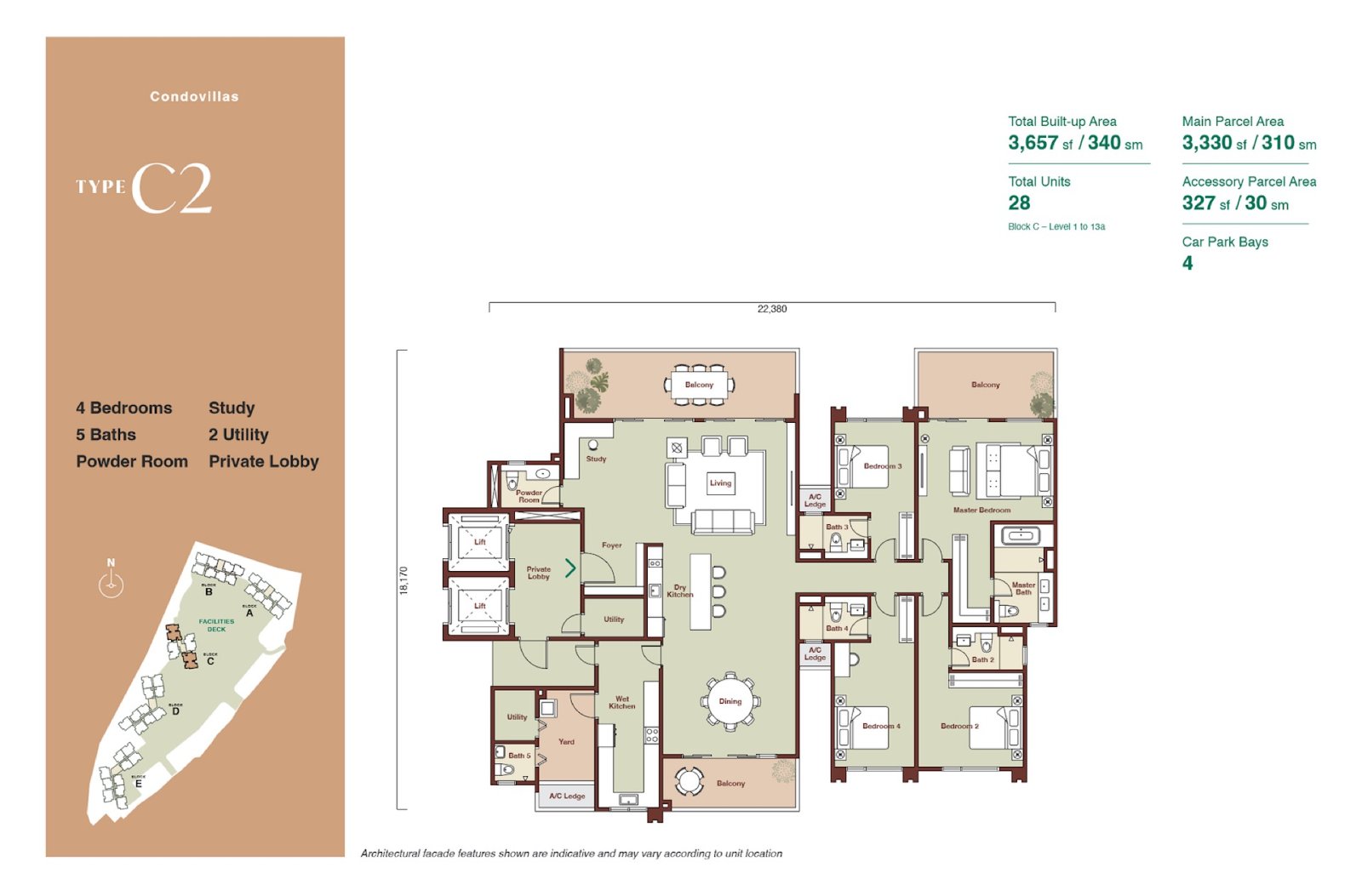 Zenia Condovilla Type C2 floor plan, 4 bedroom and study, 3,657 sq ft