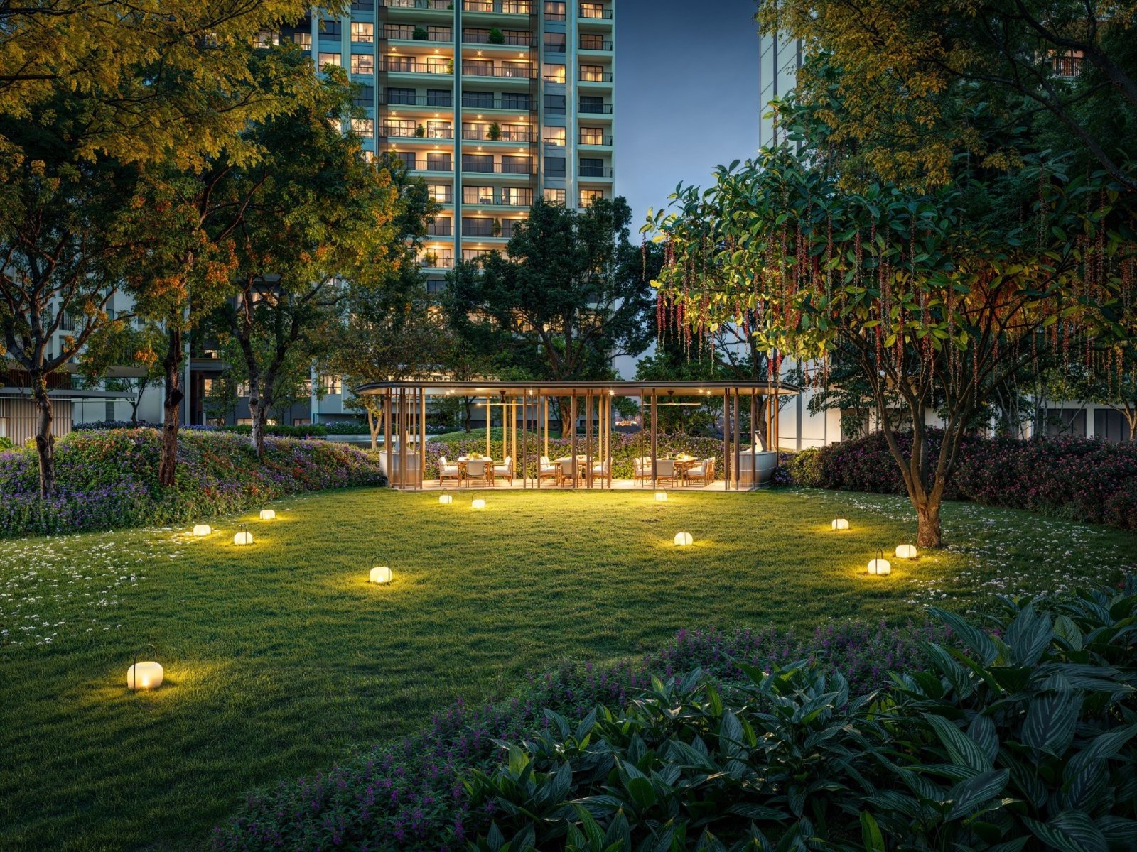Zenia garden lawn and pavilion at night: artist's impression