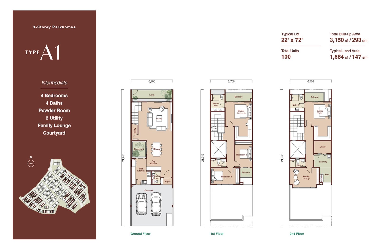 Zenia Parkhome Type A1 intermediate floor plan, 4 bedroom, 3,150 sq ft
