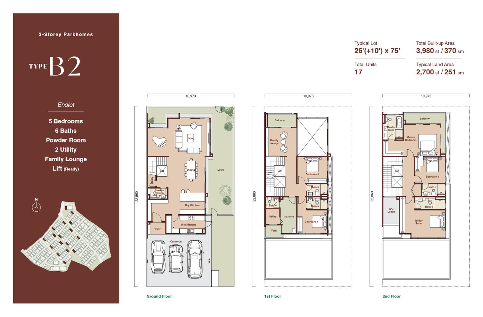 Zenia Parkhome Type B2 end lot floor plan, 5 bedroom, 3,980 sq ft